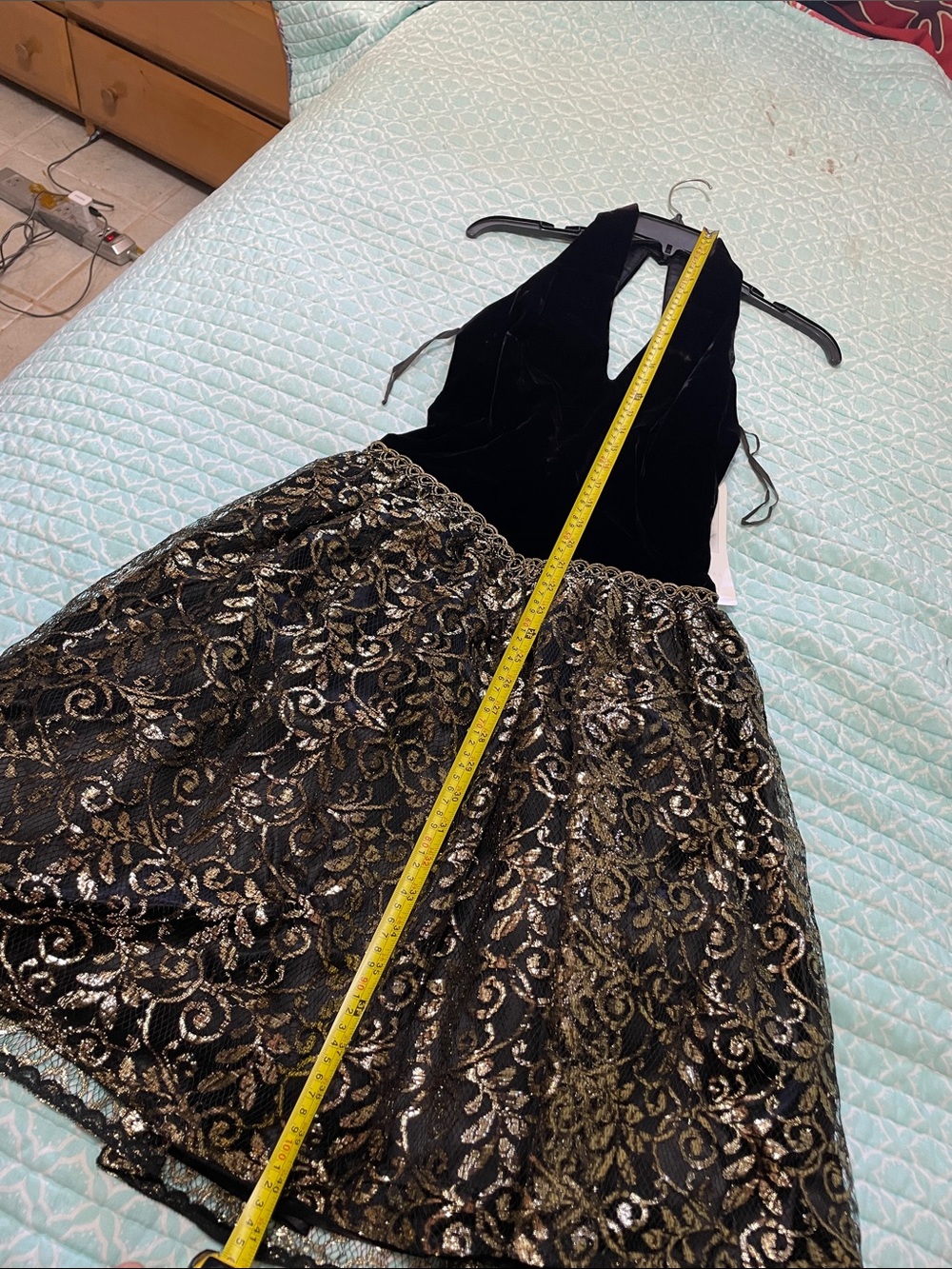 black velvet and gold lace drop waist halter dress - Picture 7 of 9